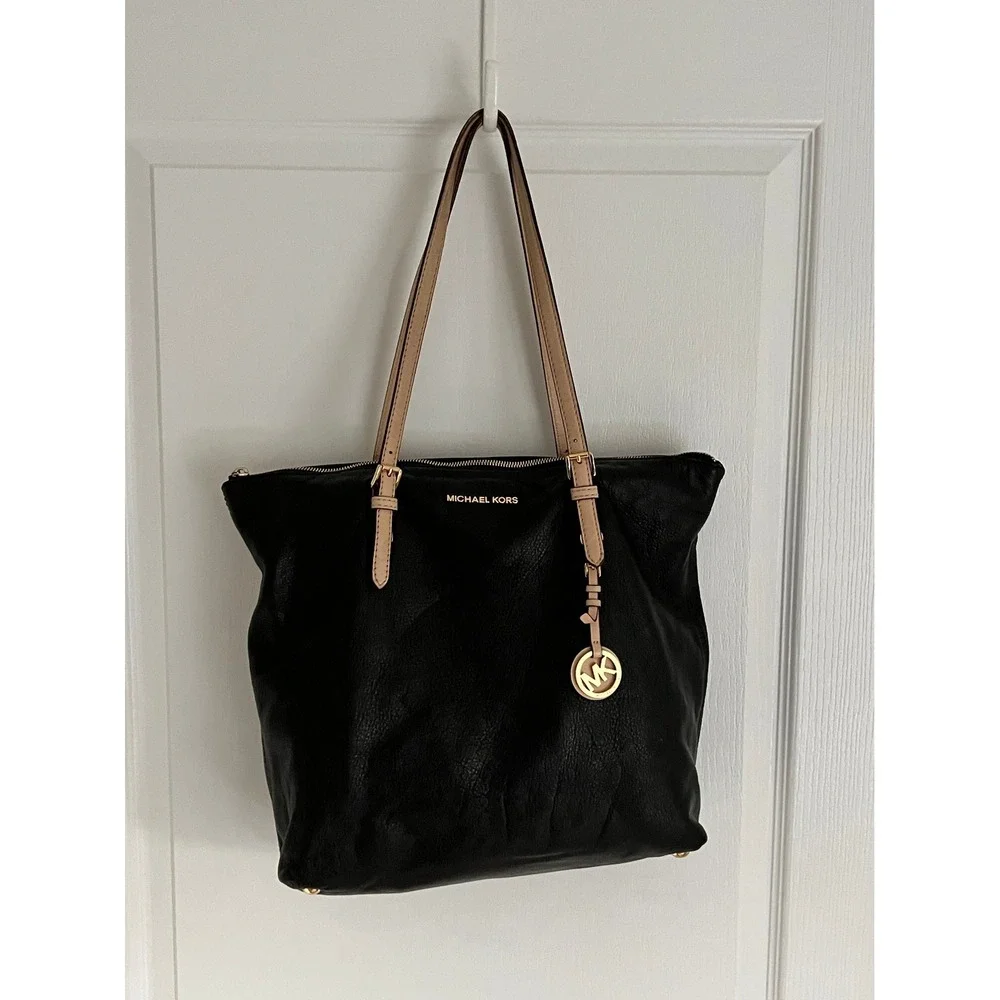 Michael Kors‎ Bedford Black Pebbled Leather Tote Bag Tan Straps Gold Hardware
